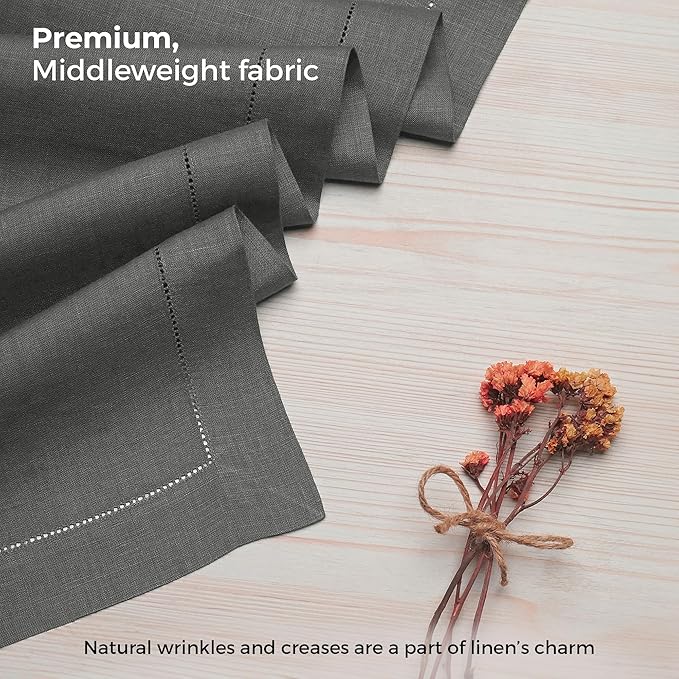 D'Moksha Homes Linen Charcoal Grey Table Runner 132 Inches Long - 100% Pure Linen Extra Long Table Runner 14 x 132 Inch for Spring, Easter - Classic Hemstitch