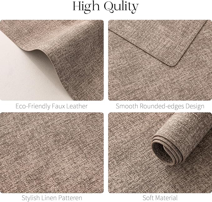 MOSAYT Faux Leather Placemats Set of 6, Heat Resistant Wipeable Washable Vinyl Place Mats with Coasters, Waterproof Oil Proof Table Mats for Kitchen Dining Party Indoor Outdoor, 12" x 17", Khaki