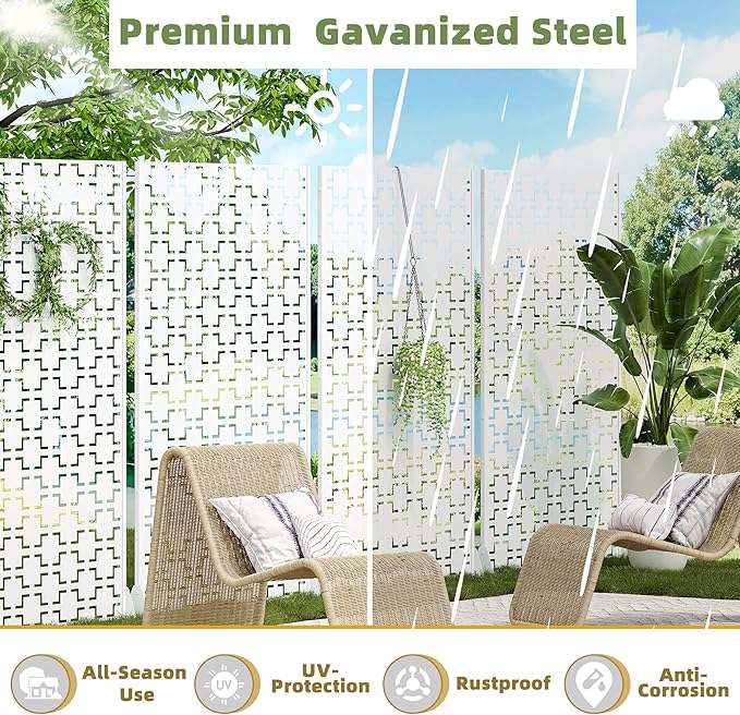 Casaphoria Metal Privacy Screen Outdoor, 72" H x 47" W Freestanding Decorative Privacy Screen for Patio Deck Balcony Garden with Stable Base, White Brick