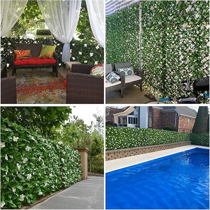 Expandable Fence Privacy Screen for Balcony Patio Outdoor,Decorative Faux Ivy Fencing Panel,Artificial Hedges (Single Sided Leaves) (2, White Flowers)