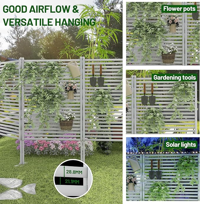 Outdoor Privacy Screen Fence with Feet Stand 3FT x 5FT, Freestanding Fence Privacy Screen for Outside, Metal Pipes and Slats Panels Divider Stake for Garden Patio Balcony Backyard White