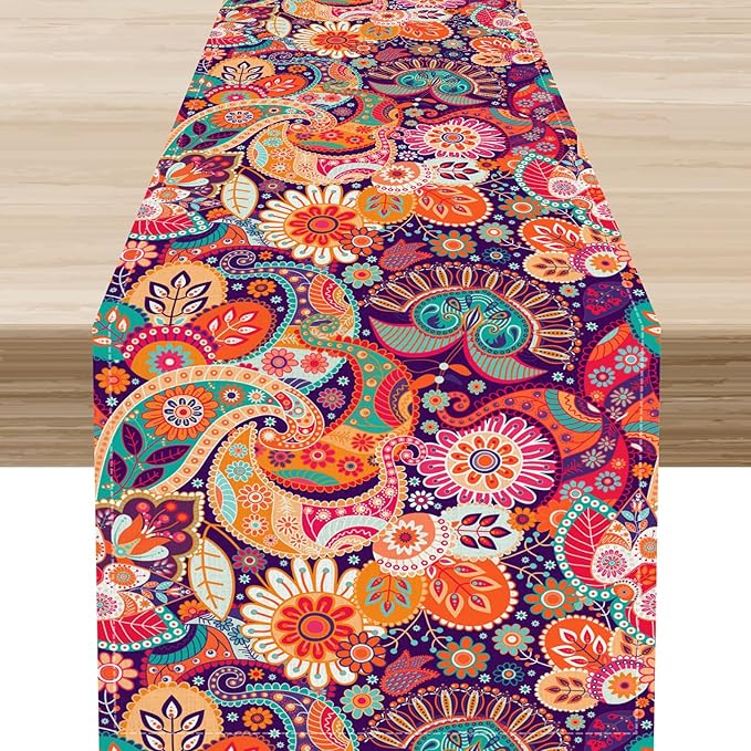 Purple Paisley Table Runner, Rustic Damask Antique Floral Flower Retro Boho Mandala Indian Bohemian Vintage Table Center Decor for Family Kitchen and Living Room Country Table Decorations, 13" X 90"