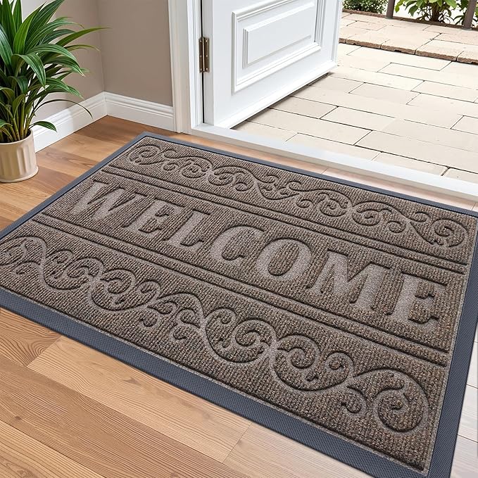 OLANLY Welcome Door Mat Indoor Outdoor Entrance, Heavy Duty Sturdy Front Door Mat, Waterproof All-Weather Doormat, Stain Resistant, Low Profile, Easy Clean Patio Entryway Mat, 36 x 24, Medium Brown