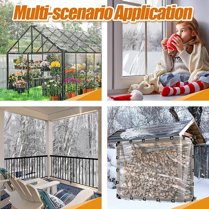 6.6x10ft Anti-Tear Clear Tarp Waterproof for Patio Winterizing - 2pcs Windproof Poly Tarpaulin, Heavy Duty Transparent Enclosure with Grommets for Covering Chicken Coops Greenhouse Garden Plants