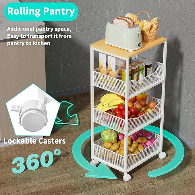 HapiRm Fruit Basket Kitchen Cart - 4-Tier Rolling Storage Cart with Wheels, Wood Top Utility Pantry Cart for Vegetables, Potatoes, Onions, Bread, Snacks