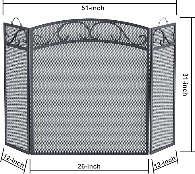 Fire Beauty Fireplace Screen 3 Panel with Handles Wrought Iron 51"(L) x31(H) Spark Guard Cover(Black)