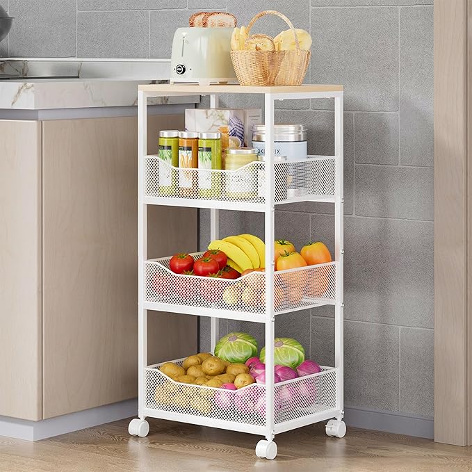 HapiRm Fruit Basket Kitchen Cart - 4-Tier Rolling Storage Cart with Wheels, Wood Top Utility Pantry Cart for Vegetables, Potatoes, Onions, Bread, Snacks