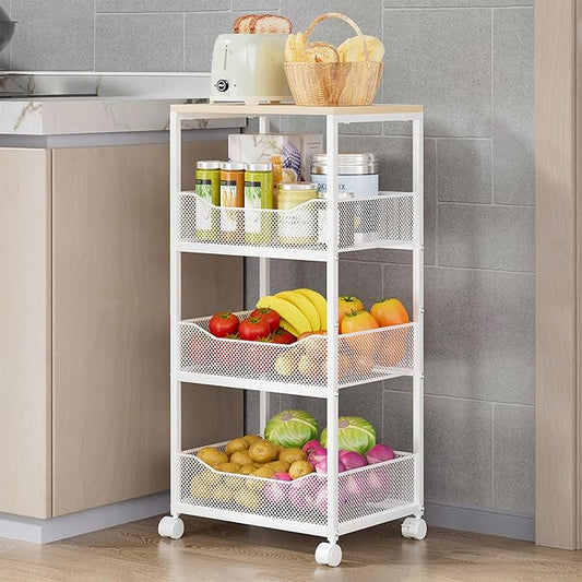 HapiRm Fruit Basket Kitchen Cart - 4-Tier Rolling Storage Cart with Wheels, Wood Top Utility Pantry Cart for Vegetables, Potatoes, Onions, Bread, Snacks