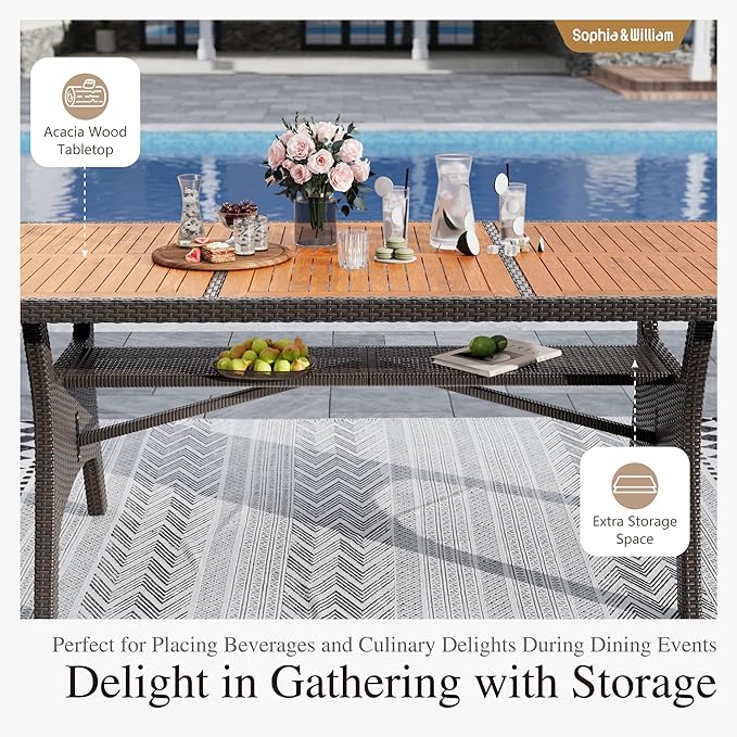 Sophia & William 9 Piece Patio Dining Set, Patio Table and Chairs Set Outdoor Dining Set for 8, Acacia Wood Patio Dining Table Set with PE Rattan Wicker Chairs for Garden, Porch, Backyard