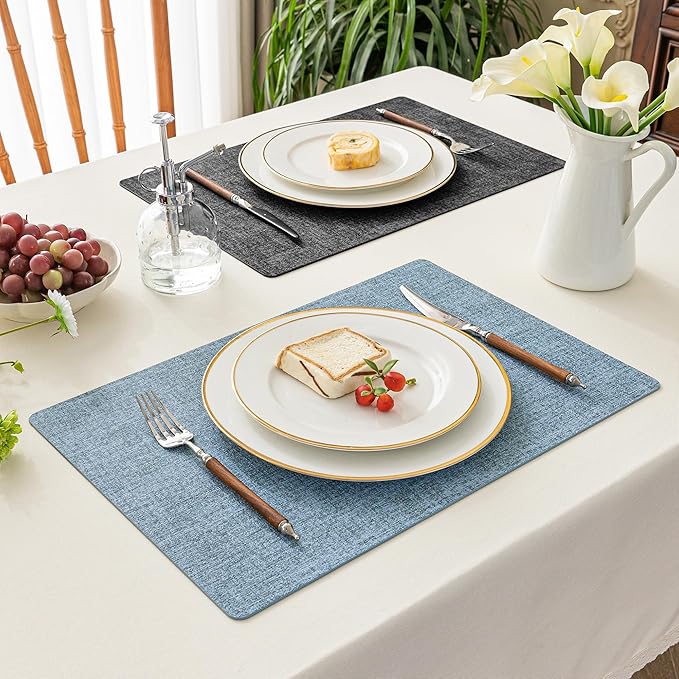 Romanstile Reversible Vinyl Placemats Set of 8, Faux Leather 100% Waterproof Oil-Proof Wipeable Place Mats, Heat Resistant Dual Sided Table Mats for Kitchen/Dining/Party (Grey Sky Blue, 12 x 17 Inch)