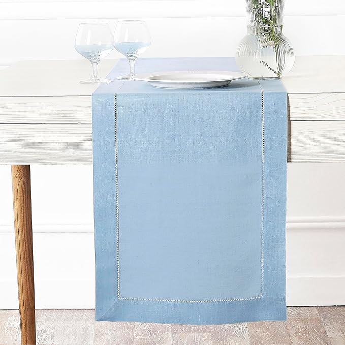 D'Moksha Homes Linen Powder Blue Table Runner 108 Inches Long - 100% Pure Linen 14 x 108 Inch Table Runner for Spring, Easter - Classic Hemstitch