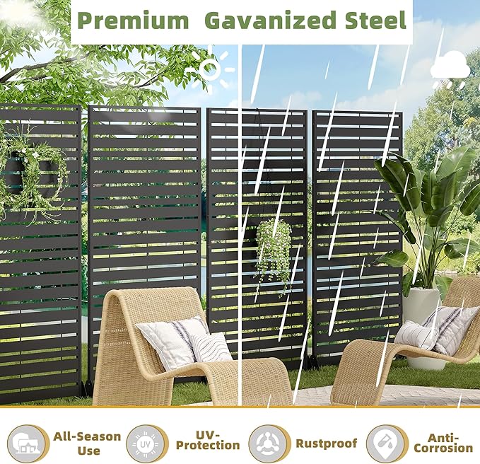 Casaphoria Metal Privacy Screen Outdoor, 72" H x 47" W Freestanding Decorative Privacy Screen for Patio Deck Balcony Garden with Stable Base, Black-Adams