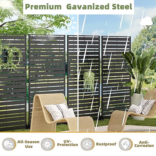 Casaphoria Metal Privacy Screen Outdoor, 72" H x 47" W Freestanding Decorative Privacy Screen for Patio Deck Balcony Garden with Stable Base, Black-Adams