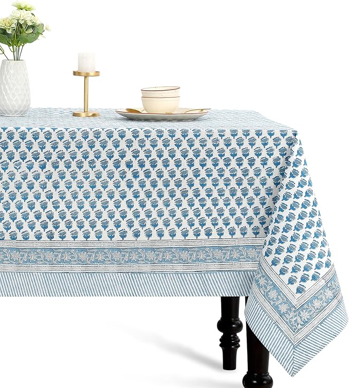 CPC Apatite Blue Floral Hand Block Printed 100% Cotton Tablecloth 60x108 Rectangular Reusable and Washable Boho Dining Table Cloth Thanksgiving