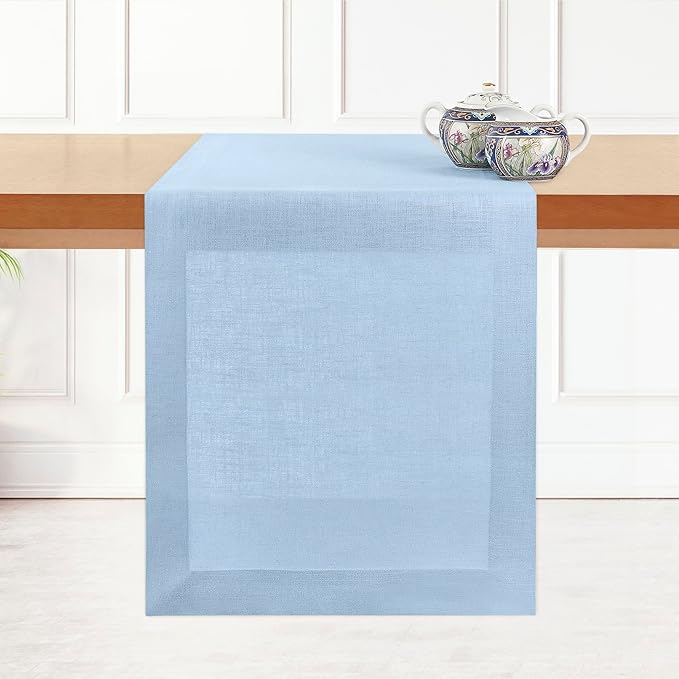 D'Moksha Homes Linen Powder Blue Table Runner 108 Inches Long - 100% Pure Linen Dining Table Runner 14 x 108 Inch for Winter, Holiday - Machine Washable