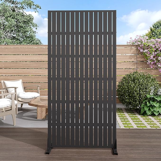 Casaphoria Metal Privacy Screen Outdoor, 72" H x 35" W Freestanding Decorative Privacy Screen for Patio Deck Balcony Garden with Stable Base, Fence Black