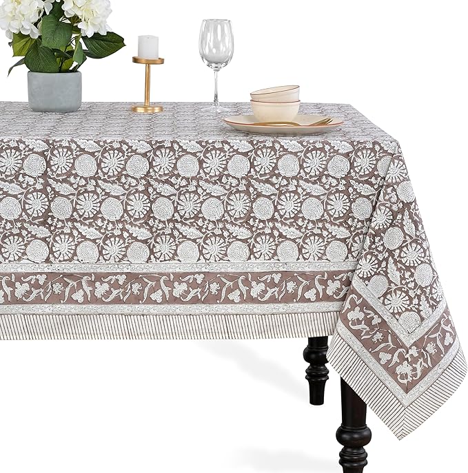 CPC Rustic Brown Tablecloth 100% Cotton 70x118 Inch Indian Block Print Rectangle Table Cover, Table Cloth for Gifting in Weddings, Halloween, Fall, Christmas, Thanksgiving