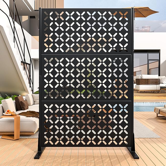 Metal Privacy Screen Outdoor, 72" H Freestanding Privacy Fence with Sturdy Stands, Decorative Privacy Panels Shield for Courtyard, Balcony, Garden and Other Indoor Places(X-Shaped-Fence)