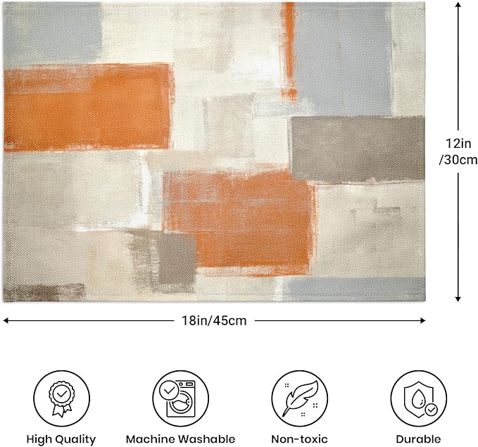 Modern Art Placemats for Dining Table Set of 6 Orange Abstract Painting Place Mats Washable Beige Linen Placemat for Kitchen Home Dinner Party Decor 18x12 Inches