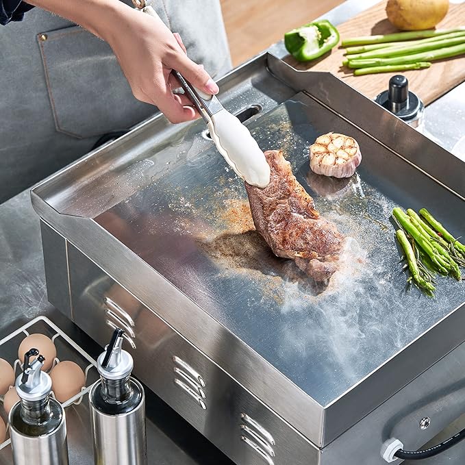 EGGKITPO 14 Inch Electric Griddle, Non-Stick Flat Top Grill Commercial Electric Countertop Griddles Stainless Steel Adjustable Temperature Control 90℉-575℉ for Home or Restaurant Use