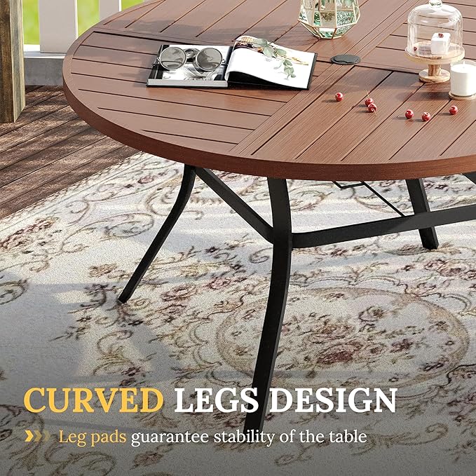 VICLLAX Round Patio Table with Adjustable Umbrella Hole for 6, All Weather Metal Outdoor Dining Table for Lawn Garden, 50" Outdoor Coffee Table, Walnut Wood-Like Tabletop