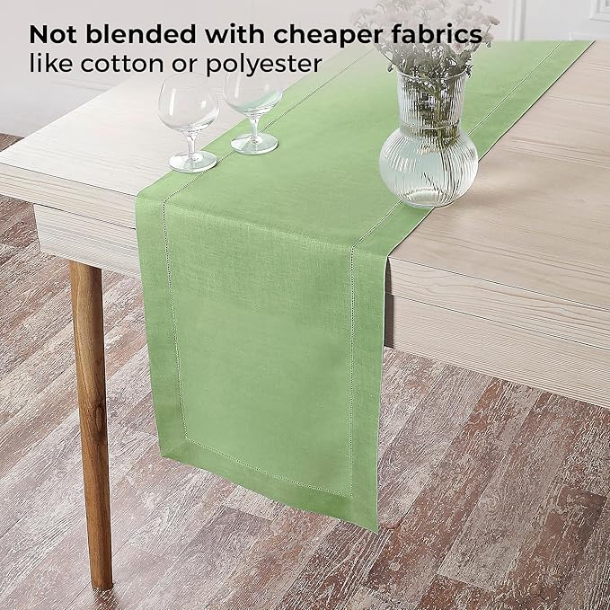 D'Moksha Homes Linen Sage Green Table Runner 36 Inches - 100% Pure Linen Small Table Runner 14 x 36 Inch Ideal for Dresser, Coffee Tables, Spring, St Patricks Day, Easter - Classic Hemstitch