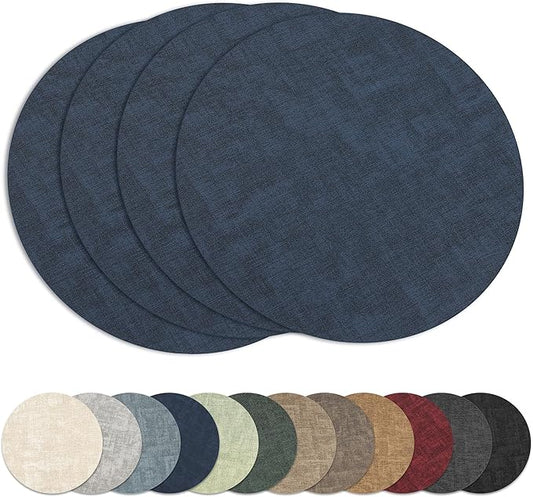 13" Round Placemats Set of 4, Reversible Faux Leather Heat Resistant Table Mats, 100% Waterproof Oilproof Wipeable Table Protective Placemats for Vinyl, Washable for Indoor (4, Navy Blue)