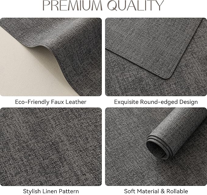 Romanstile Vinyl Placemats Set of 12-12 X 17 Inch - Heat Resistant Place Mats 100% Waterproof Oilproof Wipeable Reversible Faux Leather Table Mats for Kitchen, Dining, Party, Outdoor, Dark Grey