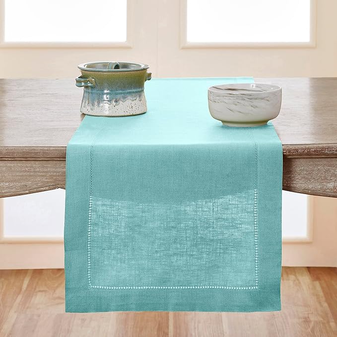 Solino Home Linen Aqua Blue Table Runner 156 Inches Long - 100% Pure Linen Extra Long Table Runner 14 x 156 Inch for Winter, Spring, Easter - Classic Hemstitch
