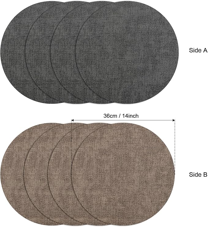 Myir JUN Round Placemats, Dual Sided Faux Leather Place Mats Set of 6 Indoor/Outdoor Non-Slip Washable Table Mats (Gray Brown, Set of 6)