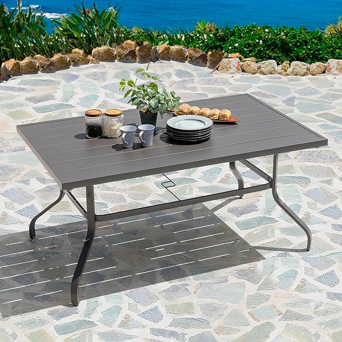 NUU GARDEN Outdoor 61" x 37" Rectangle Dining Table with 1.57" Umbrella Hole, 6-Person Steel Slat Outdoor Patio Table, for Patio, Garden, Backyard and Balcony, Gray