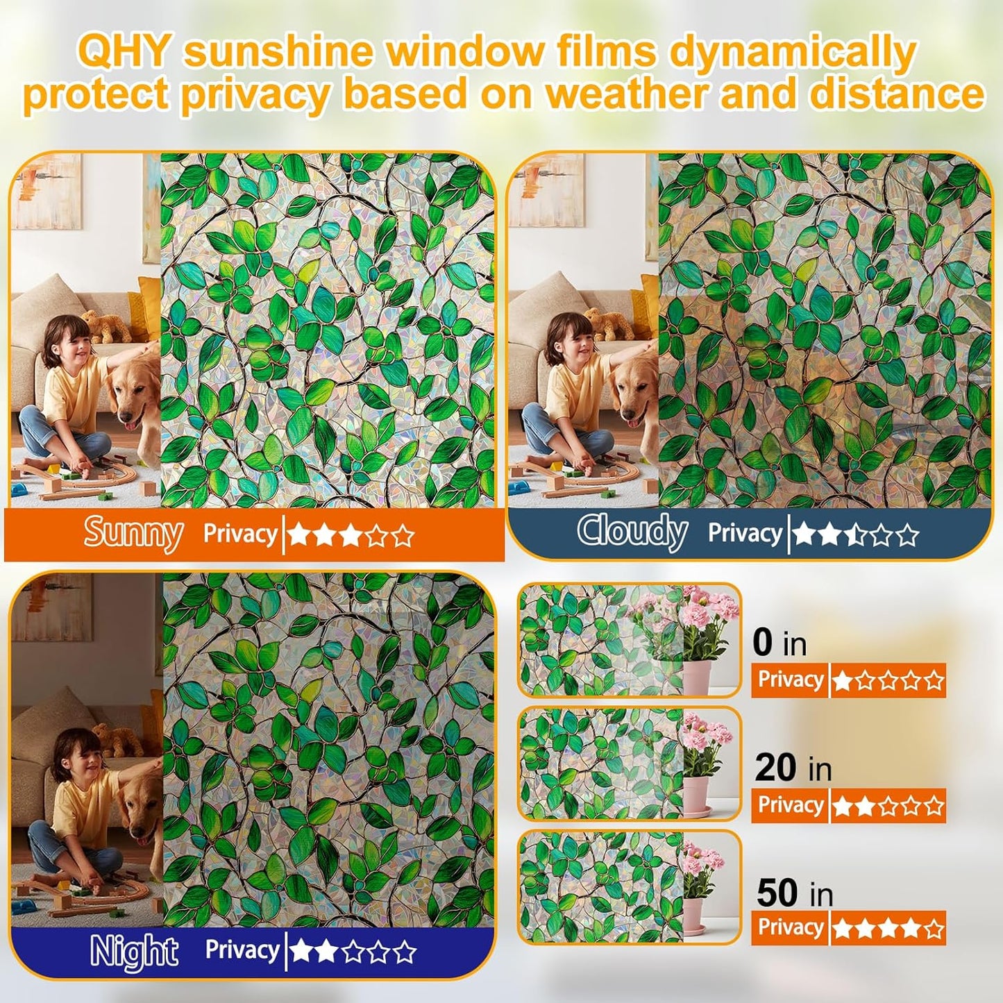 Window Privacy Film Stain Glass Window Film Rainbow Window Film Window clings Non-Adhesive Reusable Decorative for Room (Green Rainbow, 45.2 X 78.7 in)