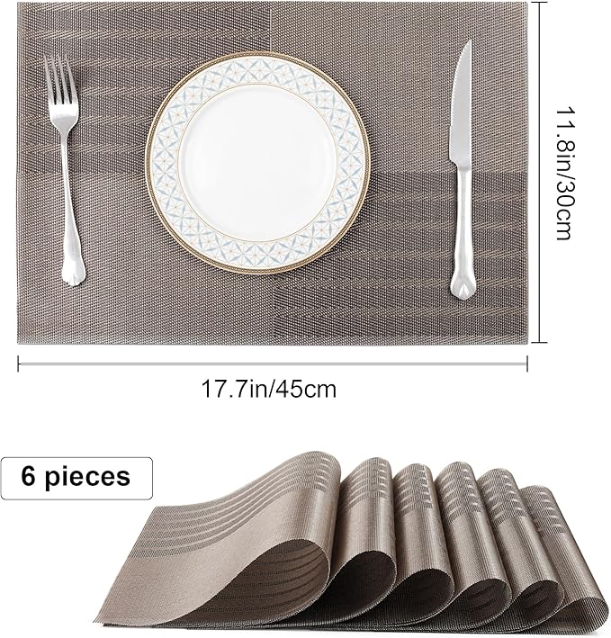fanquare Vinyl Woven Placemats Set of 6 Classic Stylish Brown Patchwork Striped PVC Placemat for Dining Table Washable Non-Slip Waterproof Table Mats