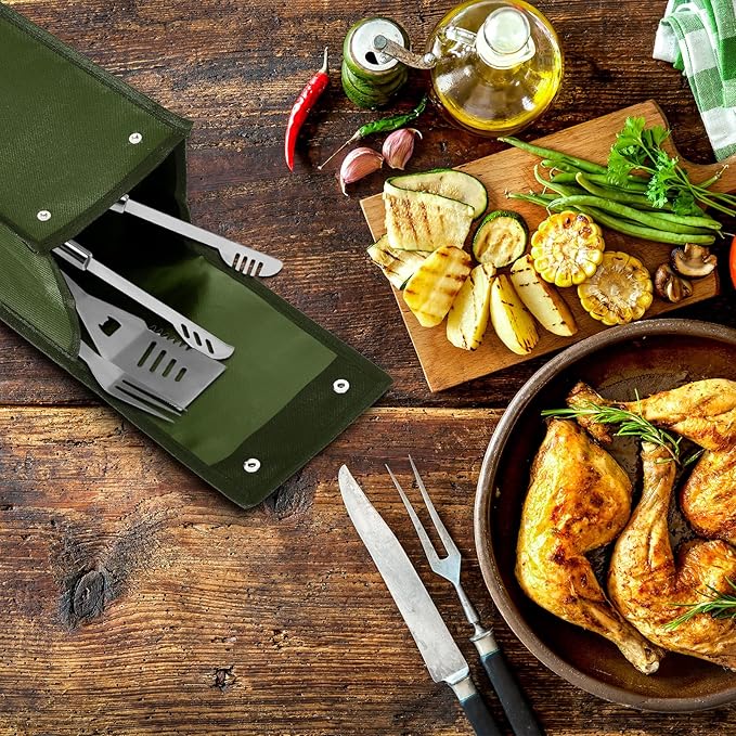 Amylove Grill Utensil Storage Bag BBQ Tool Storage Bags Barbecue Hardware Tool BBQ Utensil Holder Pouch Oxford Cloth Accessory Foldable for Camping Hiking(1 Pcs,Army Green)