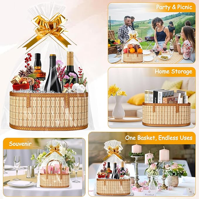 1 Set Baskets for Gifts Empty, Large Bamboo Gift Basket with Handle, Foldable Reusable Decorative Woven Basket for Christmas, Baby Shower, Mother's Day, Housewarming, Wedding