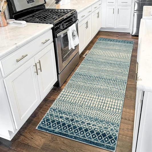 Moroccan Kitchen Runner Rug, 2x6 Non Slip Vintage Blue Rug for Kitchen Floor, Soft Low-Pile Washable Laundry Room Rug Indoor Floor Throw Carpet for Doorway Hallway Bedside Bathroom