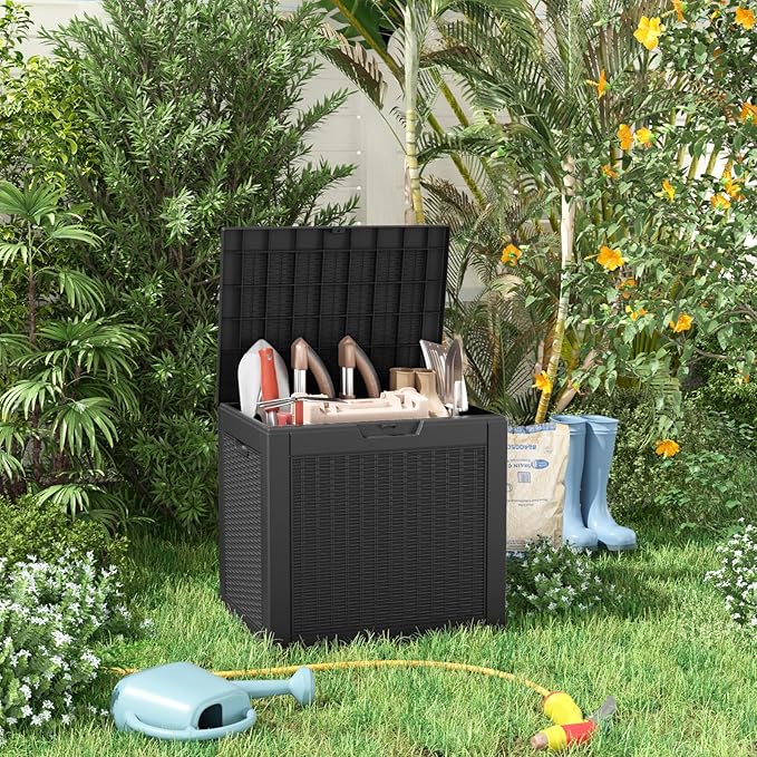 31 Gallon Wicker Pattern Resin Deck Box, Lockable Patio Outdoor Storage Box for Furniture, Garden Tools and Tools Storage, Waterproof Outside Storage Box - Black