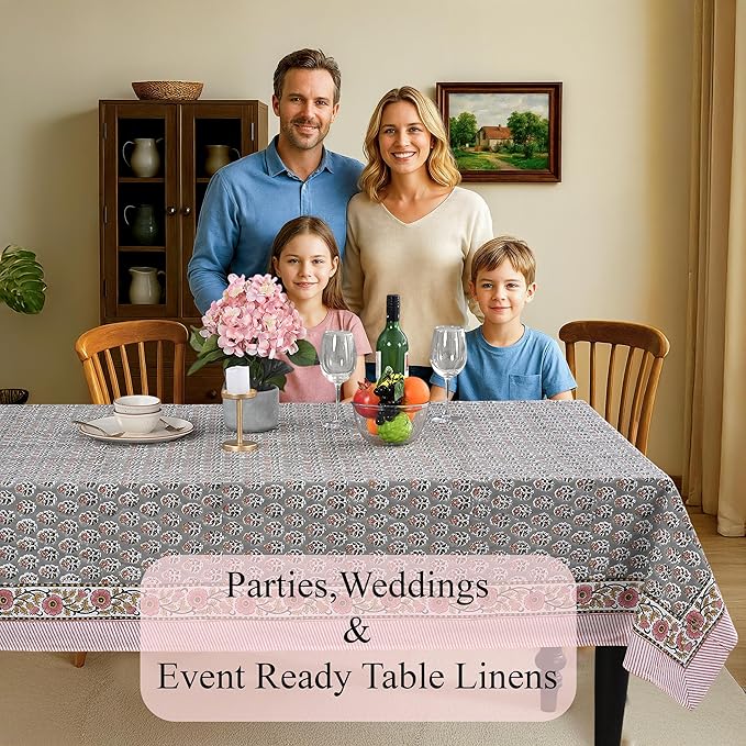 CPC Tablecloth 100% Cotton 70x108 Inch Indian Block Print Rectangle Table Cover, Gray Table Cloth for Weddings, Spring/Summer, Barbeque - Labra Gray
