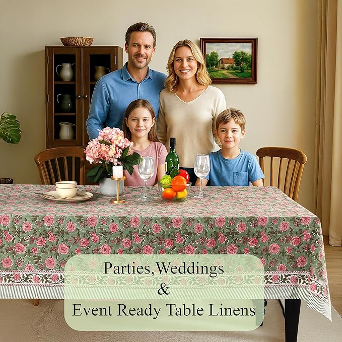 CPC Tablecloth 100% Cotton 72x140 Inch Indian Block Print Rectangle Table Cover, Pink Table Cloth for Weddings, Spring/Summer, Barbeque - Pink Tourmaline