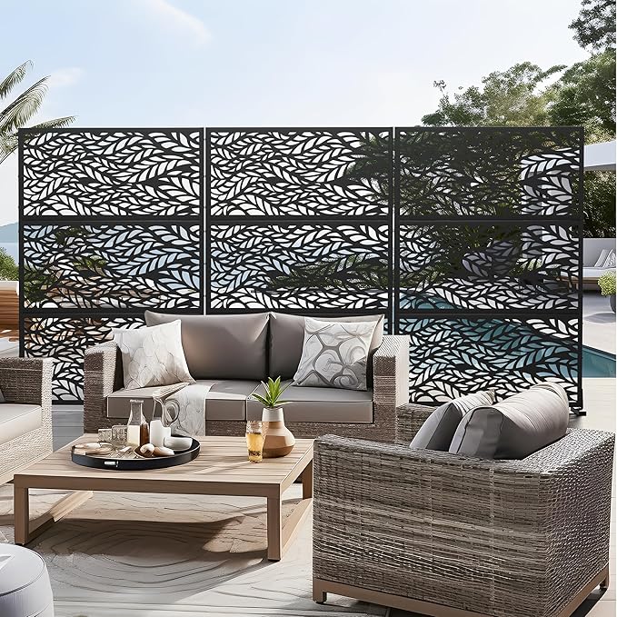Casaphoria 72" H x 45" W Metal Privacy Screen, 2 Pack Outdoor Freestanding Decorative Divider for Patio & Garden with Stable Base, Black-Spring