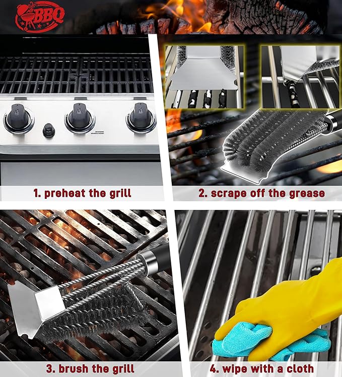 TNTOR Grill Brush with Scraper, 18" Adjustable Handle BBQ Grill Brush for Outdoor Grill, Extra Strong Grill Cleaner Accessories for Grill/Smoker/Gas/Charcoal Grill Cleaning-Gifts for Grill Wizard/Dad
