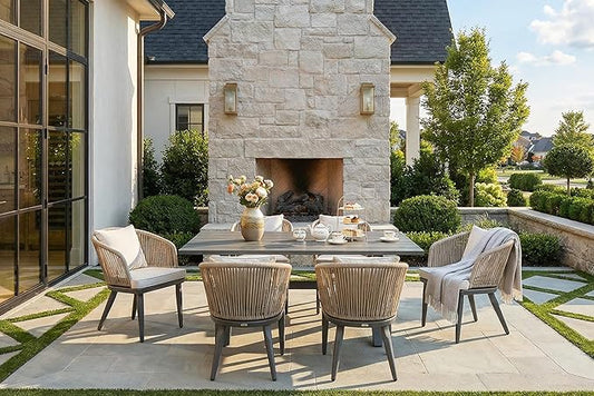 PURPLE LEAF 7 Pieces Patio Dining Set Wicker Outdoor Furniture Rectangular Table and Chairs Set for Garden Deck Aluminum Frame Backyard Kitchen Set, Cushions and Pillows Included Taupe