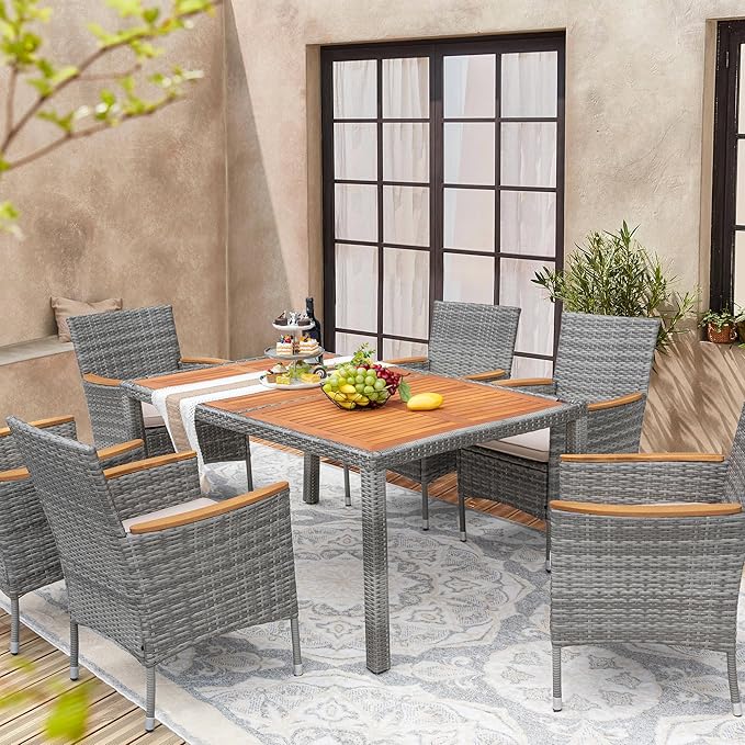 Devoko Dining 7 PCS Furniture, Patio Conversation Set with Acacia Wood Table Top, Outdoor, Beige Cushion and Grey Rattan