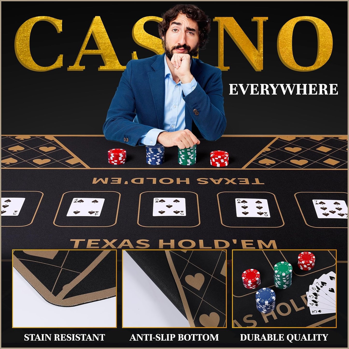 Poker Table Top - Foldable 70" x 35" Texas Hold'em Poker Mat with Non-Slip Backing and Zipper Carrying Bag - Waterproof and Portable Casino Table Topper Card Mat for Home Game Nights Up to 10 Players