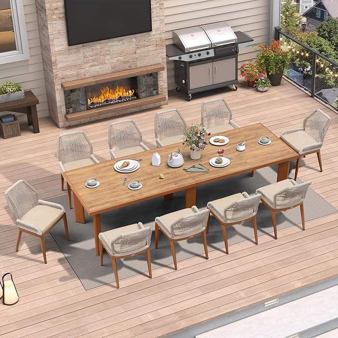PURPLE LEAF 11 Pieces Dining Set Patio Metal Rectangular Table and Wicker Rattan Chairs for Outside Porch Garden Kitchen Modern Outdoor Furniture Sets