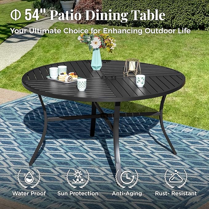 Outdoor Patio Round Dining Table for 6, 54"x 54" Metal Round Table with Adjustable Umbrella Hole, All Weather Wrought Iron Black Outdoor Table for Deck Lawn Garden Backyard, Black