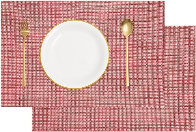 uxcell Faux Linen Placemats, 12x18 Inch Heat Resistant Place Mats Machine Washable Non-Slip Cloth Placemats for Dining Table Kitchen Indoor Outdoor Home Decoration(Red,2Pcs)