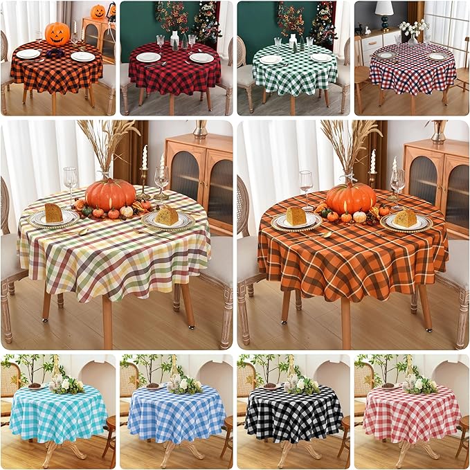 Waterproof Plaid Tablecloth Fabric - Round 90 Inch Classic Gingham Checker Table Cloth for Indoor/Outdoor Use - Buffalo Table Cover for Picnics, BBQs, and Parties