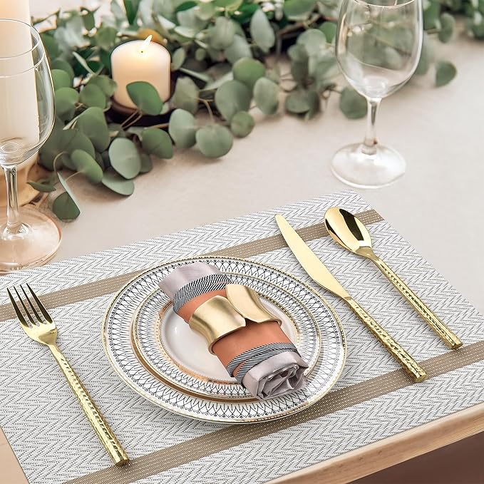 SLKQG Beige White Placemats Set of 8 - Easy Clean Modern Durable Washable Vinyl Place Mats - Heat Resistant Placemats for Kitchen Table - PVC Table Mats for Dining Table (Beige White with Stripes, 8)
