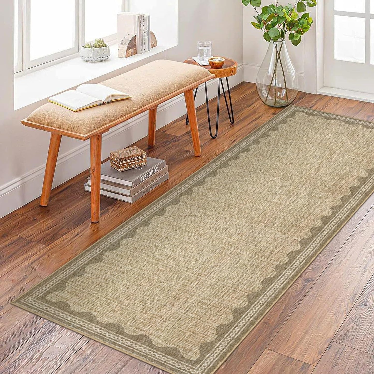 Scalloped Rug 2.5x8 Runners for Hallways, Solid Jute Runner Rug Non Slip Scalloped Bath Runner, Washable Rugs for Bedroom Girls, Rugs for Kitchen Floor Soft Dorm Nursery Carpet for Bedside